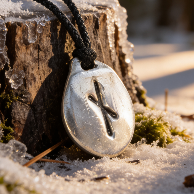 Silver pendant with a runic symbol on a snowy ground