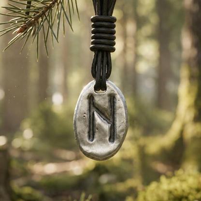 Pendant with runic marking hanging from a branch in a forest