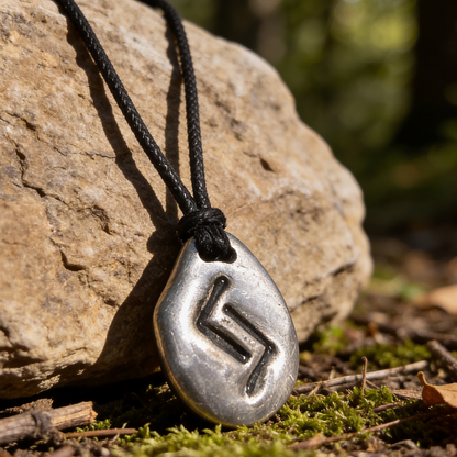 Silver pendant with a runic design on a black cord, placed on a rock in a forest setting.