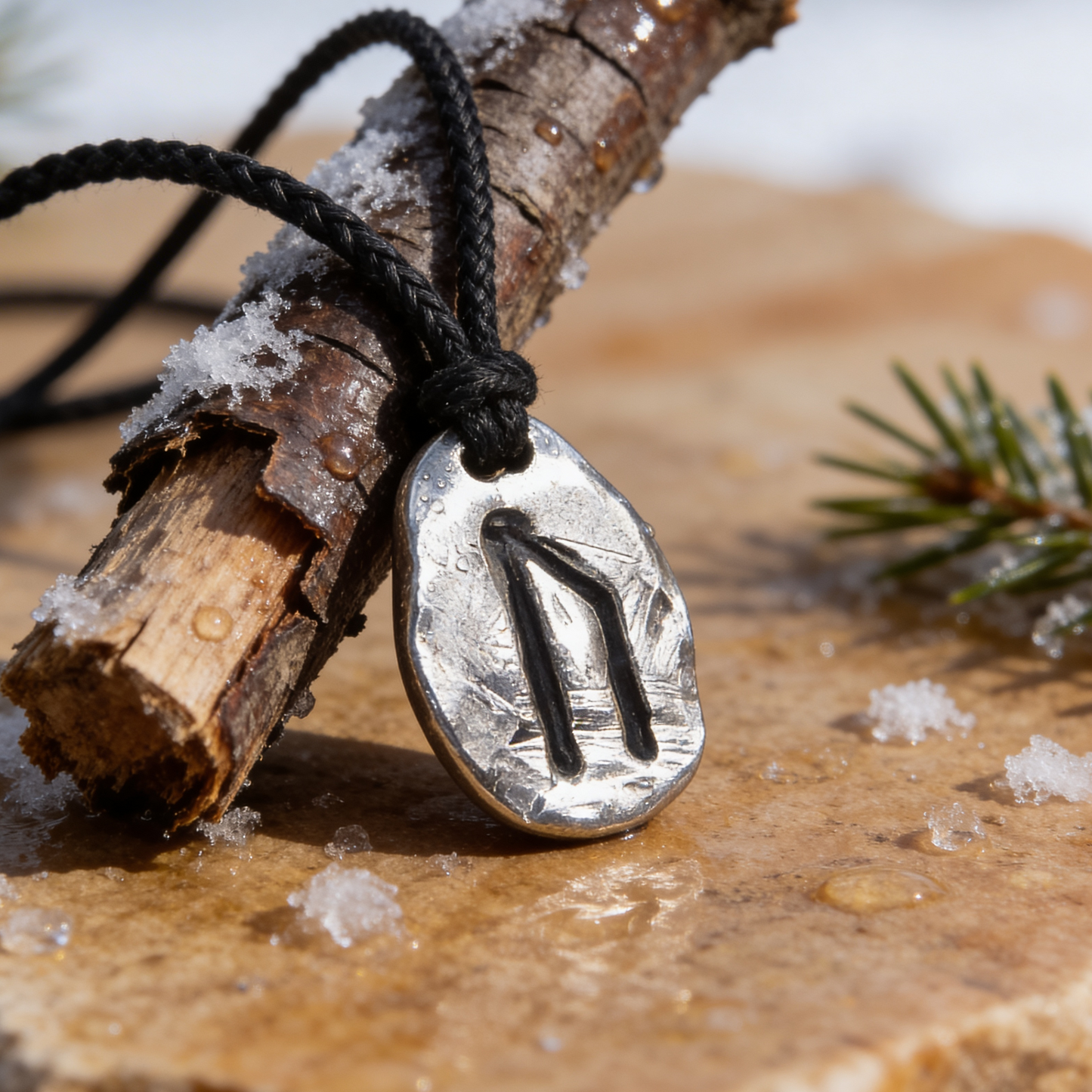 Uruz pendant on a black cord hanging from a branch with snow and pine needles in the background