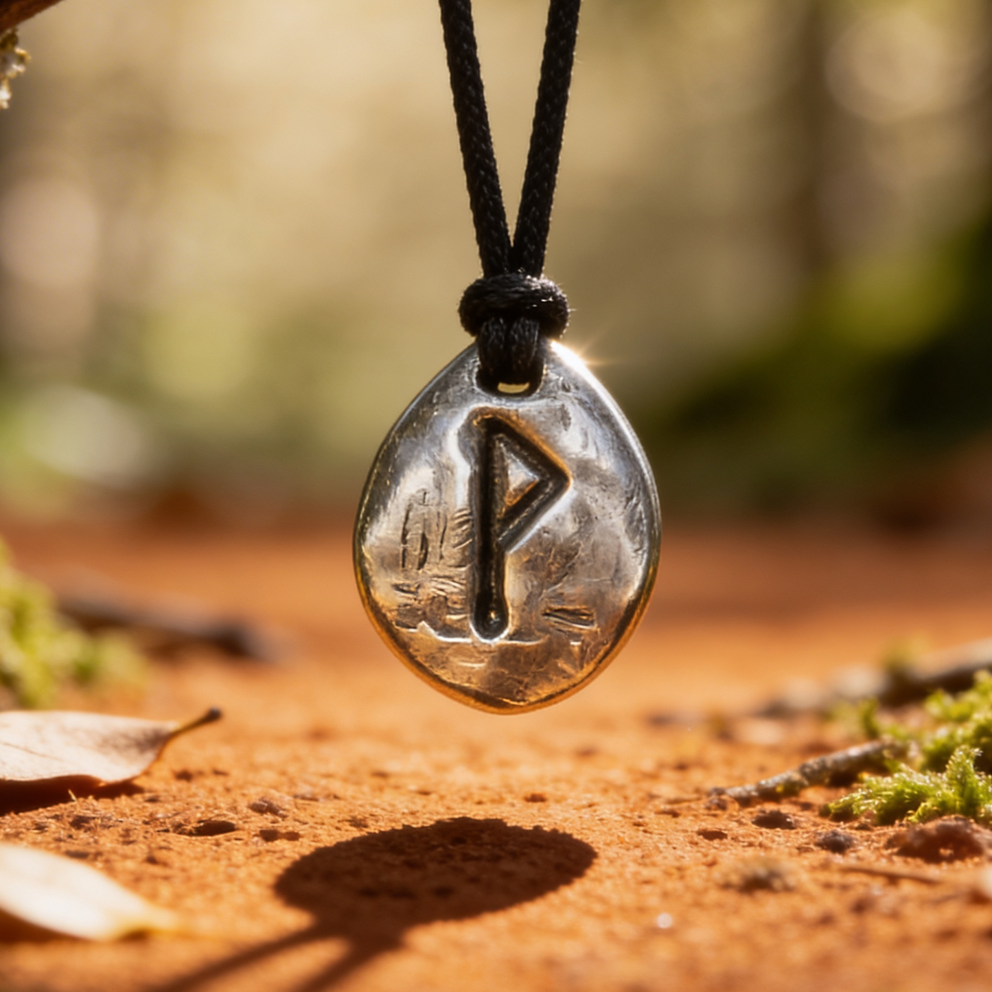 Wunjo rune pendant with a runic design on a black cord, hanging from a branch in a forest setting.