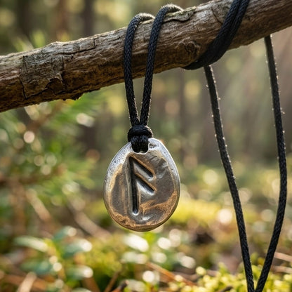 Silver pendant with a runic design hanging from a branch in a forest setting
