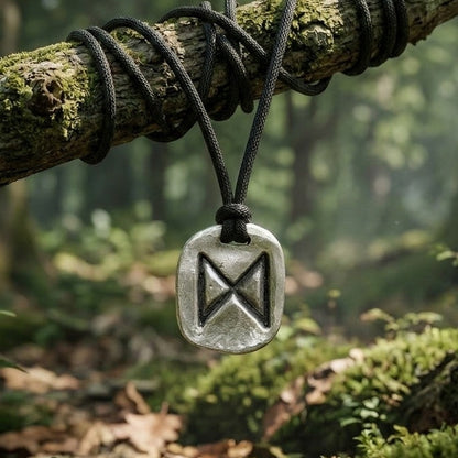 Silver runic pendant on a cord hanging from a mossy tree branch in a forest setting