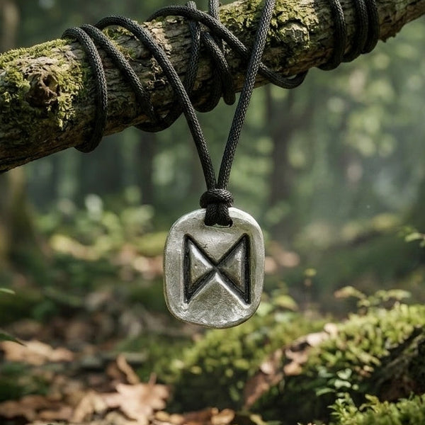Silver runic pendant on a cord hanging from a mossy tree branch in a forest setting