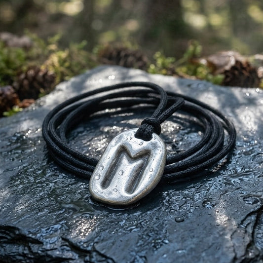 Runic necklace with a silver pendant on a stone in a forest setting