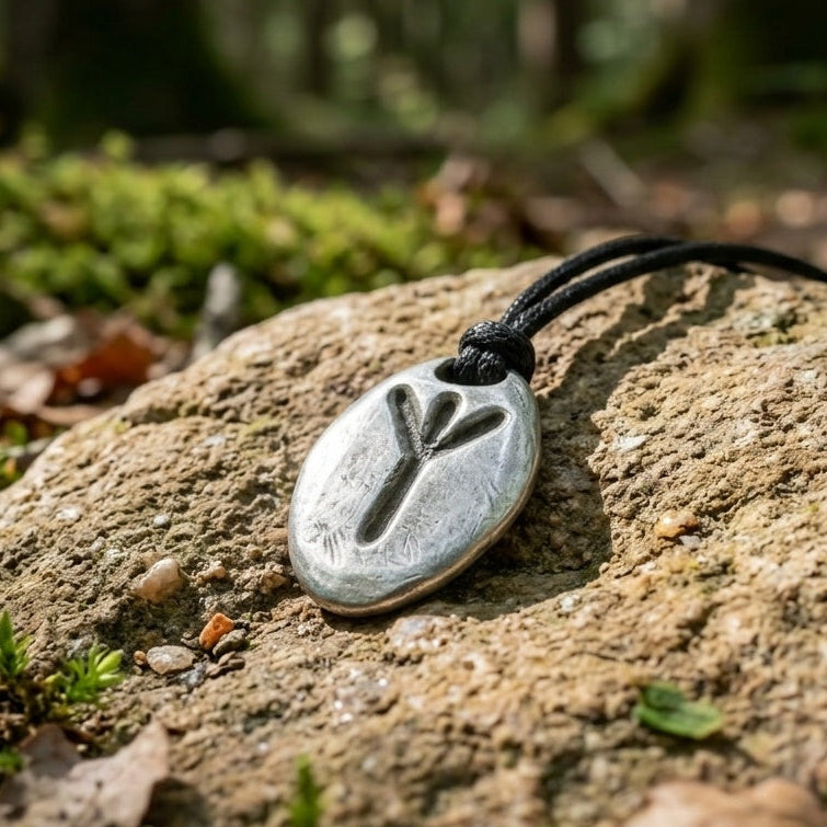 Silver runinc pendant with a tree design on a black cord, lying on a rock in a forest setting.