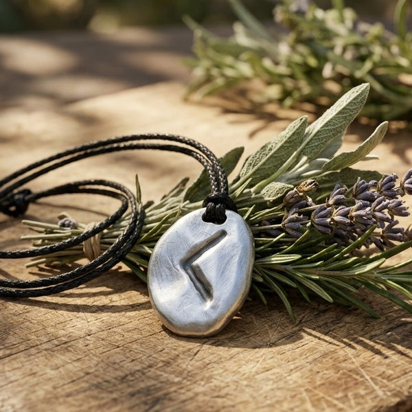 Necklace with a silver runic pendant on a wooden surface with herbs and lavender.