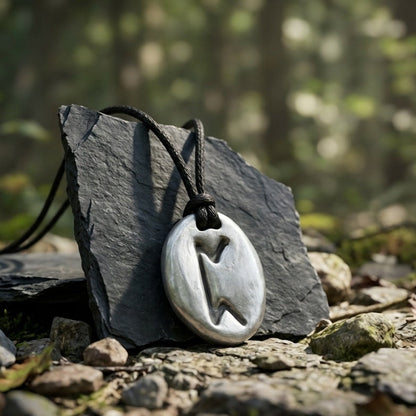 Necklace with a runic pendant on a stone in a natural setting