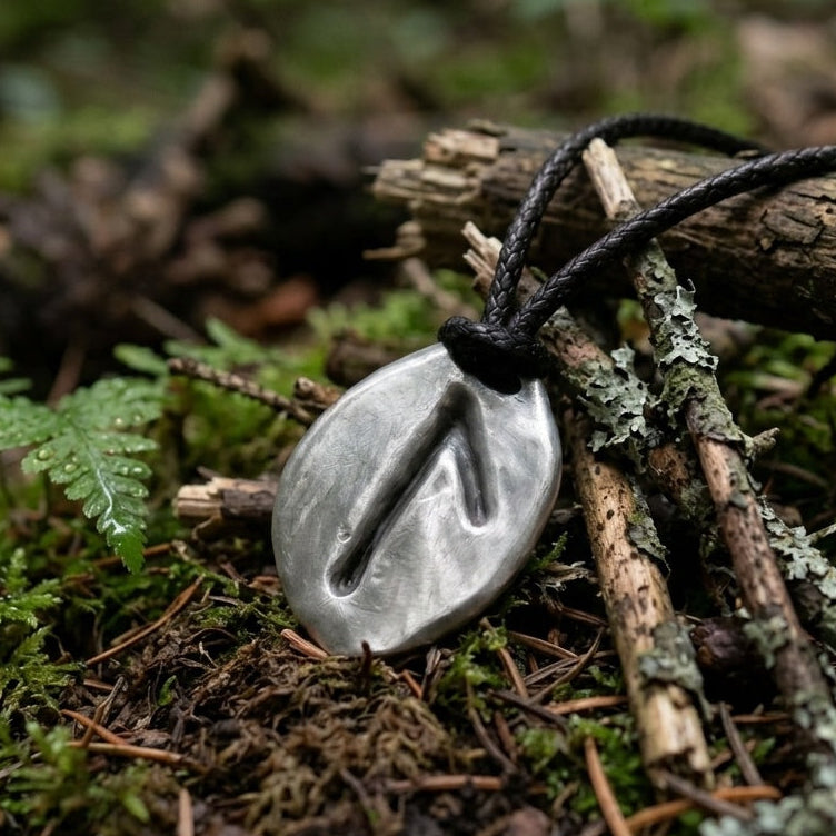 Silver runic pendant with a number on a black cord, lying on a mossy forest floor.