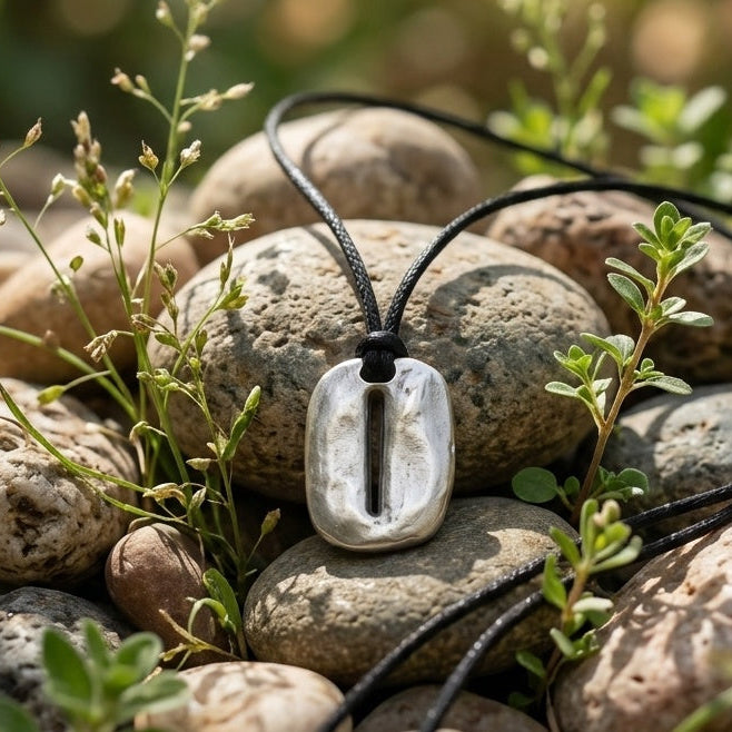 Necklace with a runic pendant on stones and grass